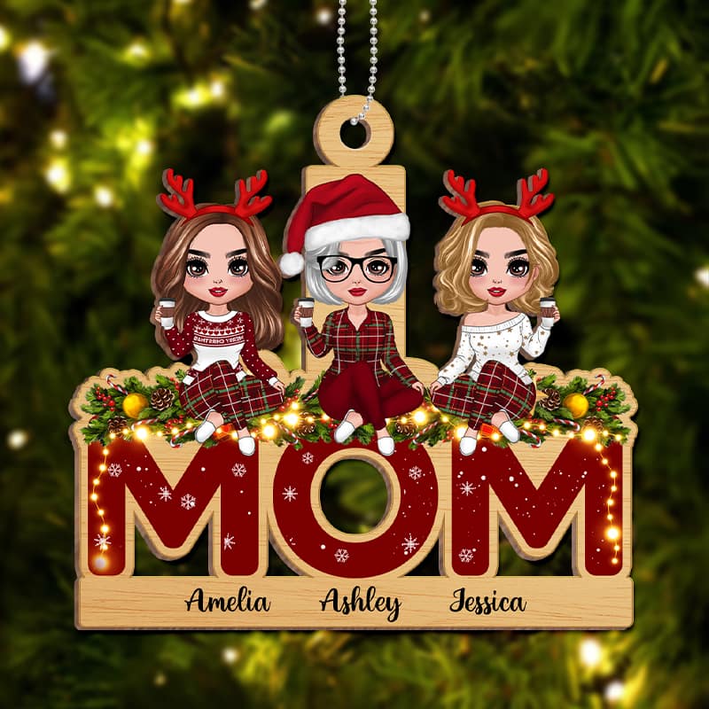 Doll Mom And Daughters Sitting On Word Personalized Wooden Ornament - Image 2