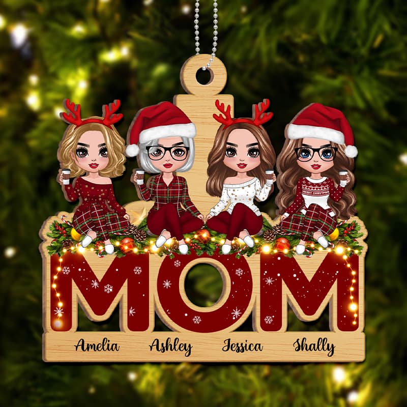 Doll Mom And Daughters Sitting On Word Personalized Wooden Ornament - Image 3