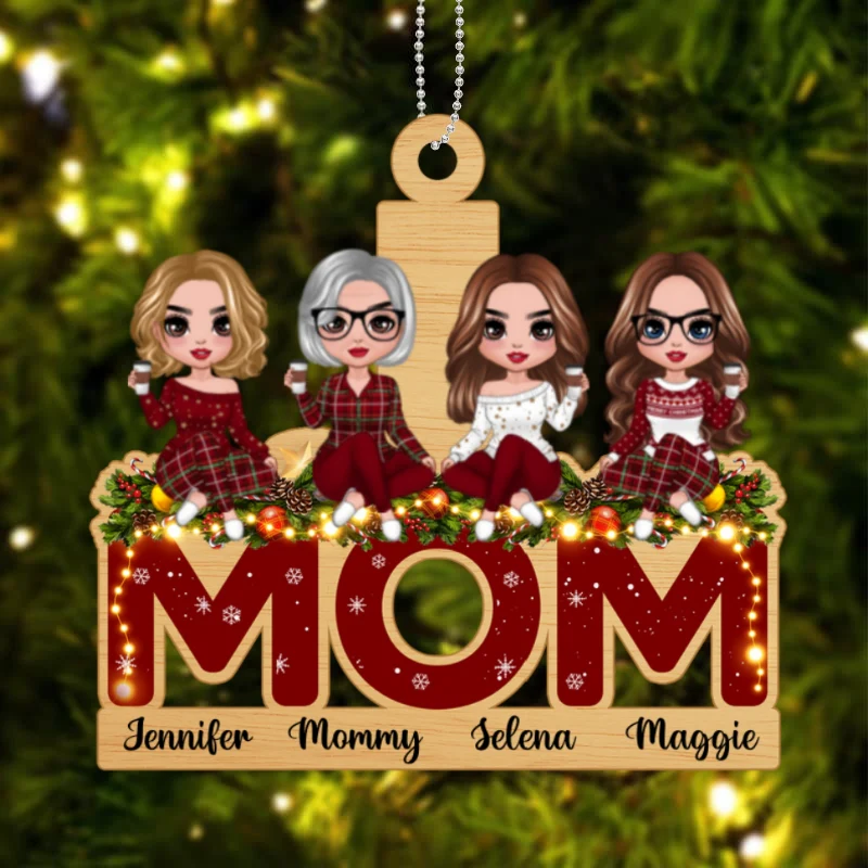 Doll Mom And Daughters Sitting On Word Personalized Wooden Ornament - Image 4