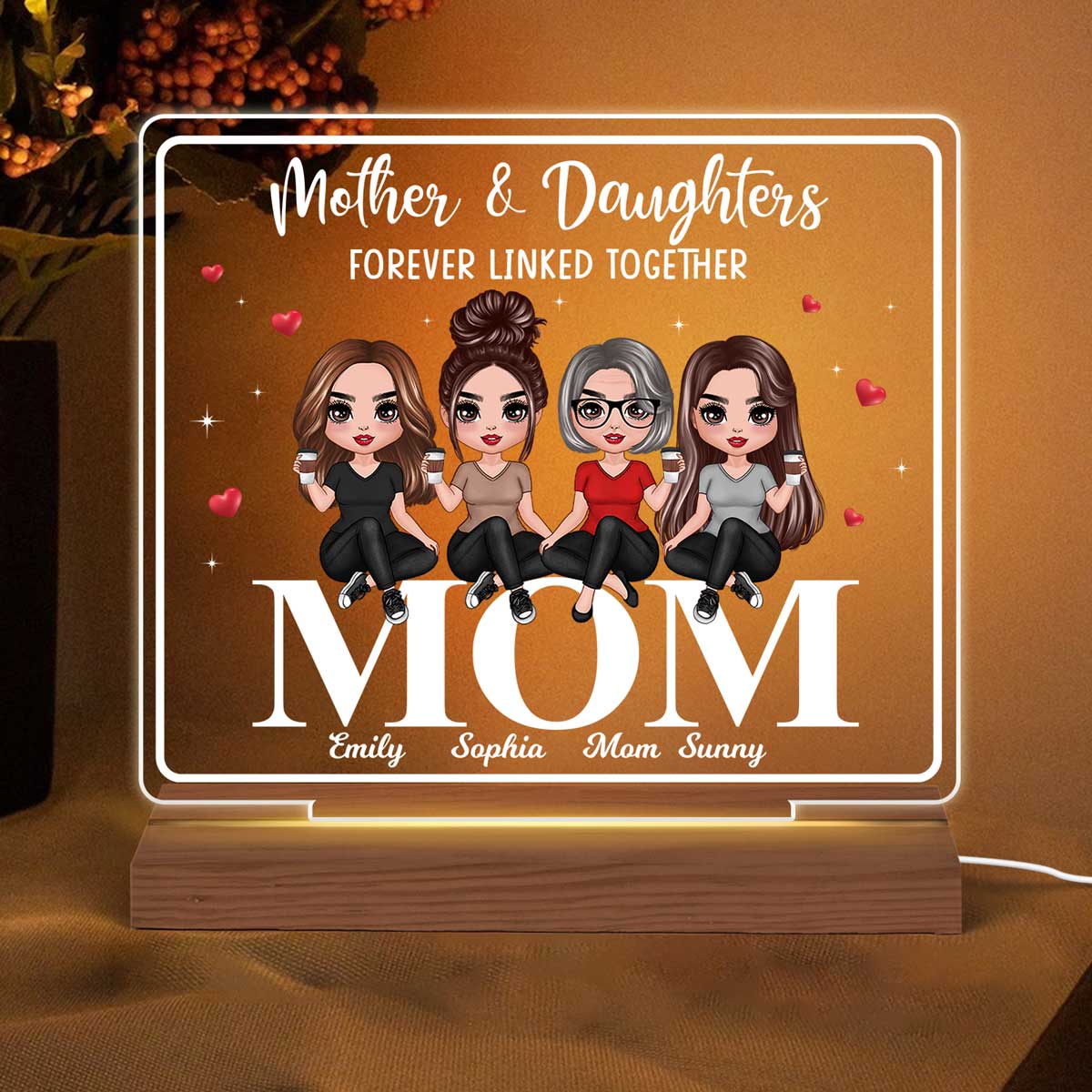 Doll Mom And Daughters Sitting On Words Personalized Custom Shape Acrylic Plaque LED Night Light - Image 2