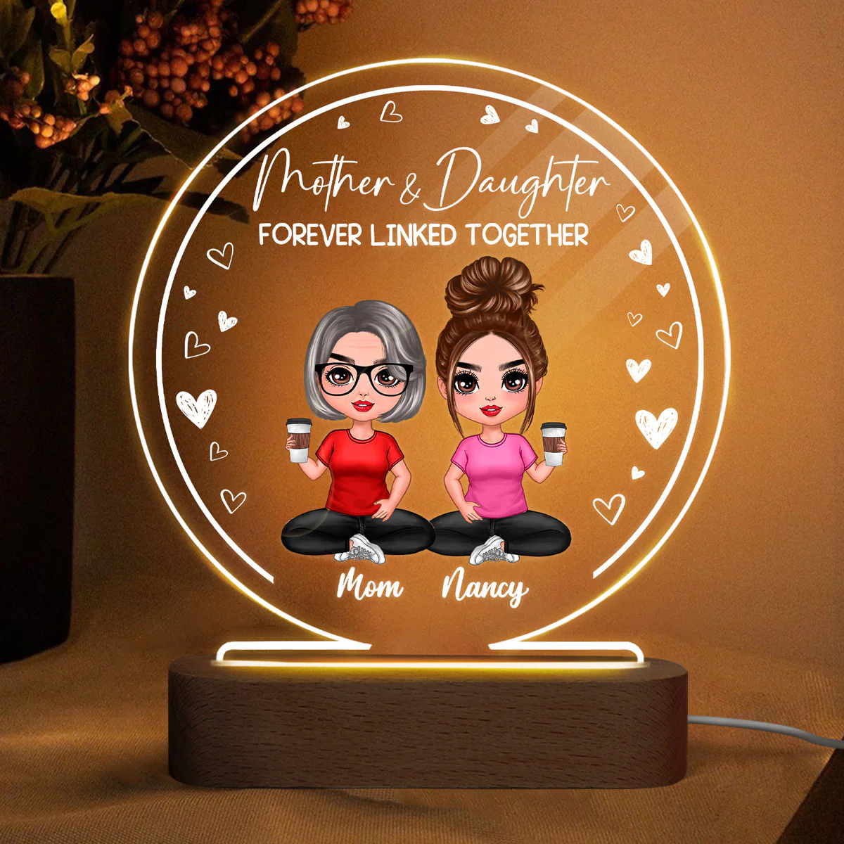 Doll Mom And Daughters Sitting Personalized Circle Acrylic Plaque LED Night Light