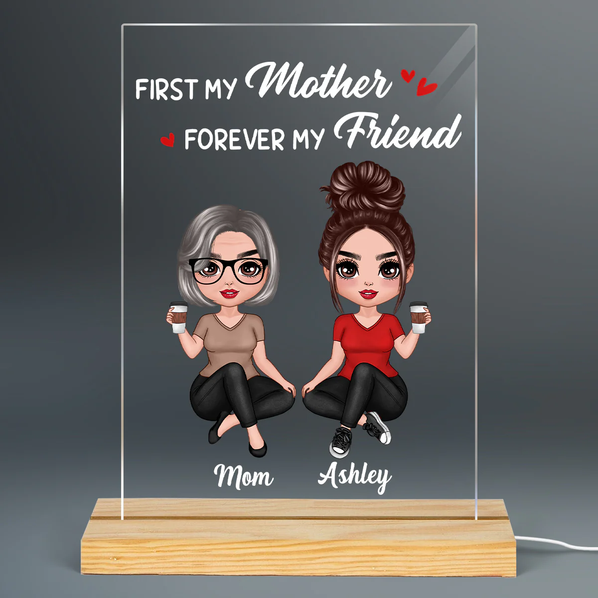 Doll Mom And Daughters Sitting Personalized Rectangle Acrylic Plaque LED Night Light - Image 2