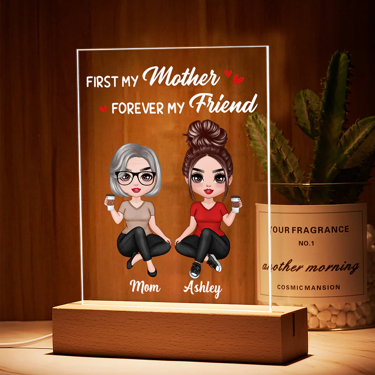 Doll Mom And Daughters Sitting Personalized Rectangle Acrylic Plaque LED Night Light - Image 3