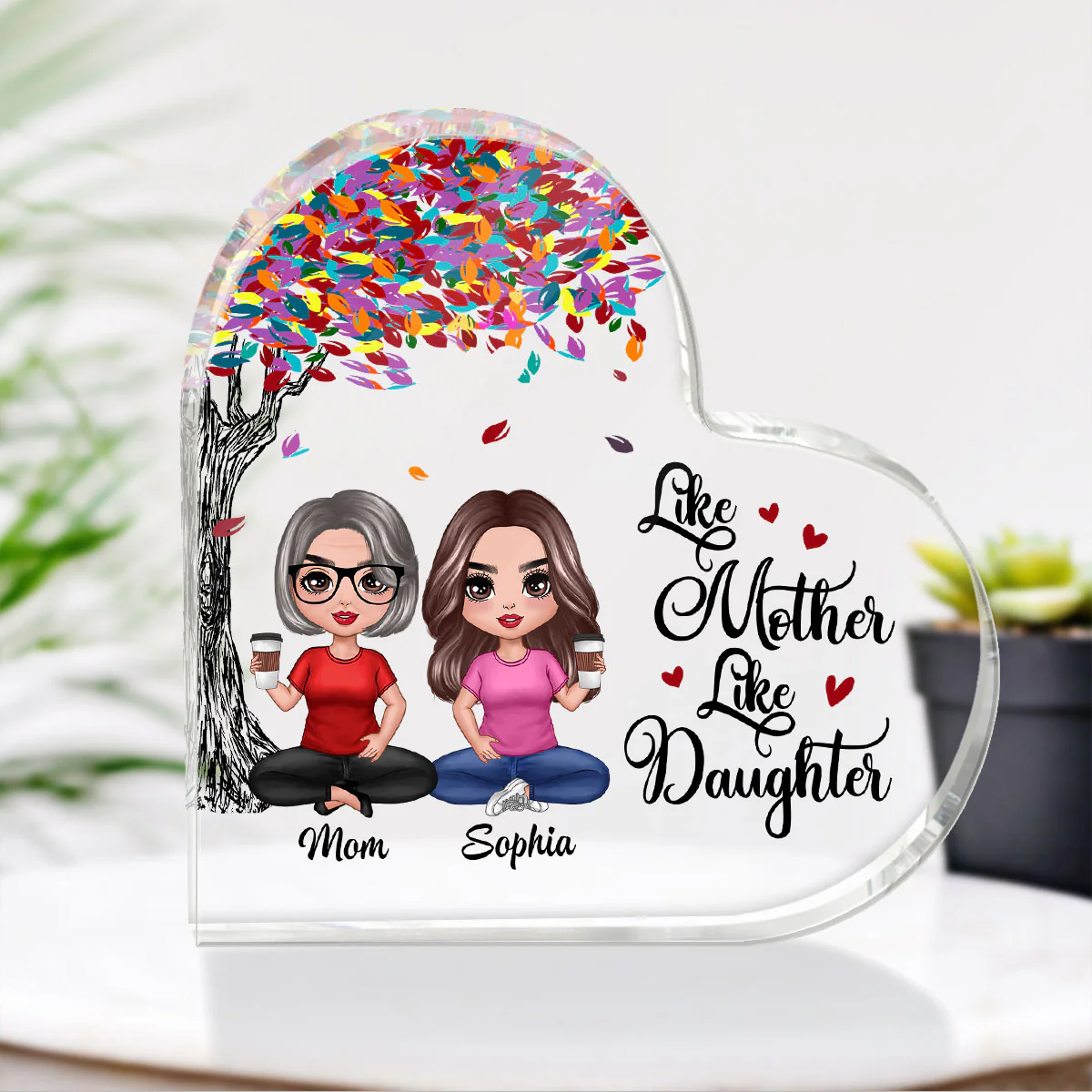 Doll Mom And Daughters Sitting Under Colorful Tree Personalized Heart Acrylic Plaque