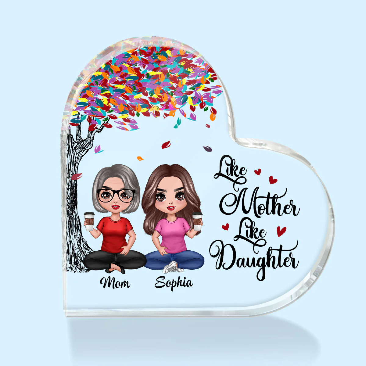 Doll Mom And Daughters Sitting Under Colorful Tree Personalized Heart Acrylic Plaque - Image 2