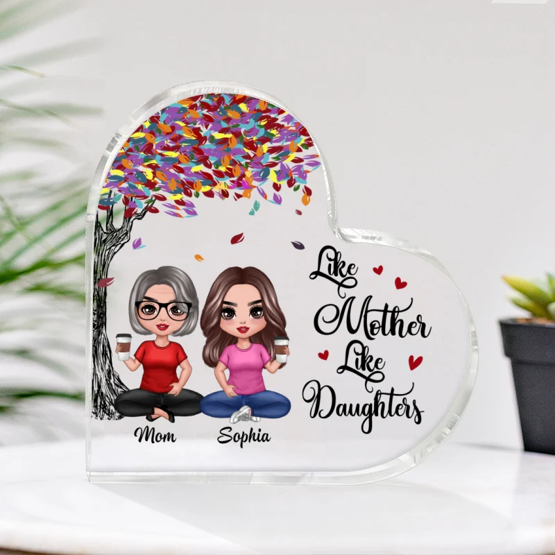 Doll Mom And Daughters Sitting Under Colorful Tree Personalized Heart Acrylic Plaque - Image 3
