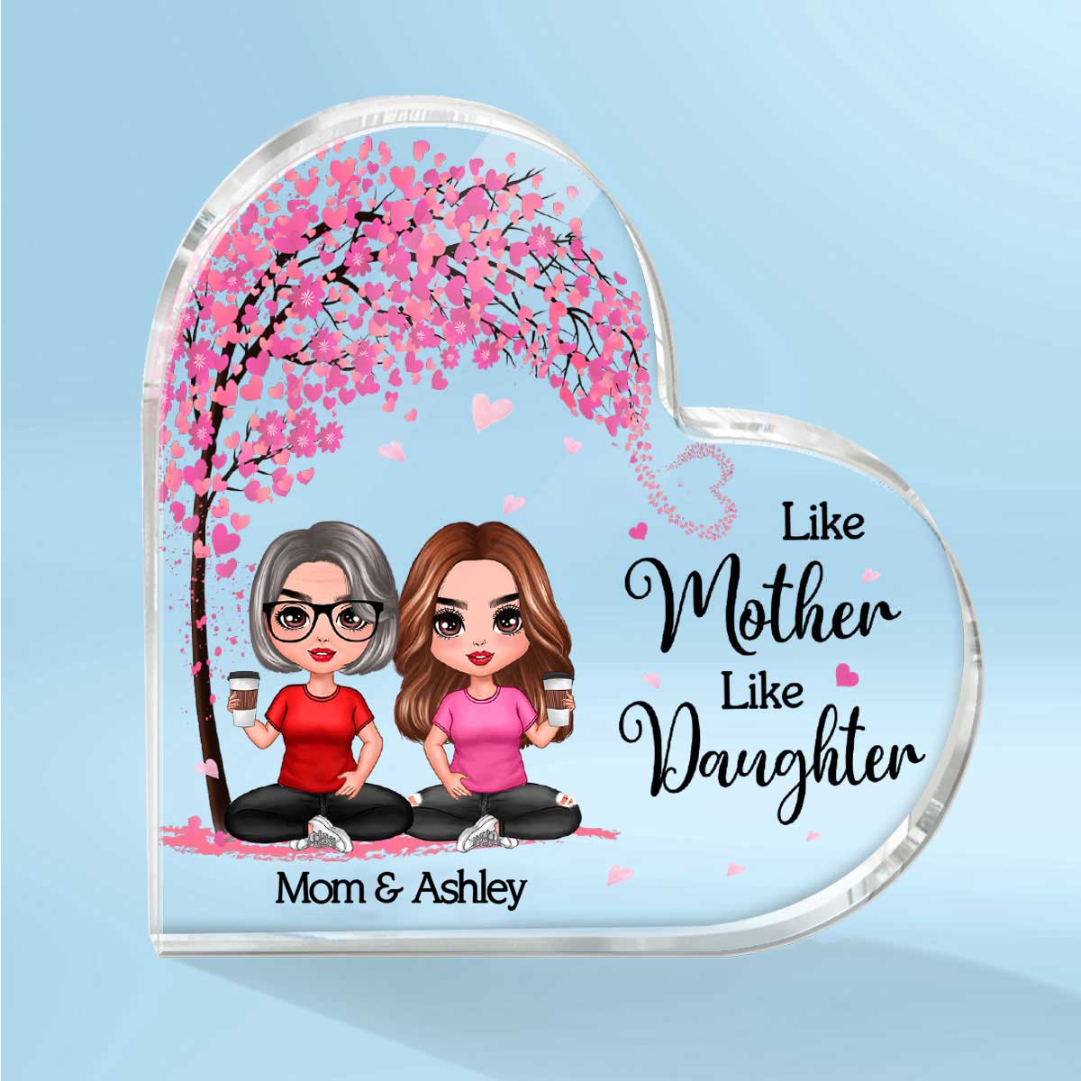 Doll Mom And Daughters Sons Sitting Under Pink Heart Tree Personalized Heart Acrylic Plaque - Image 2