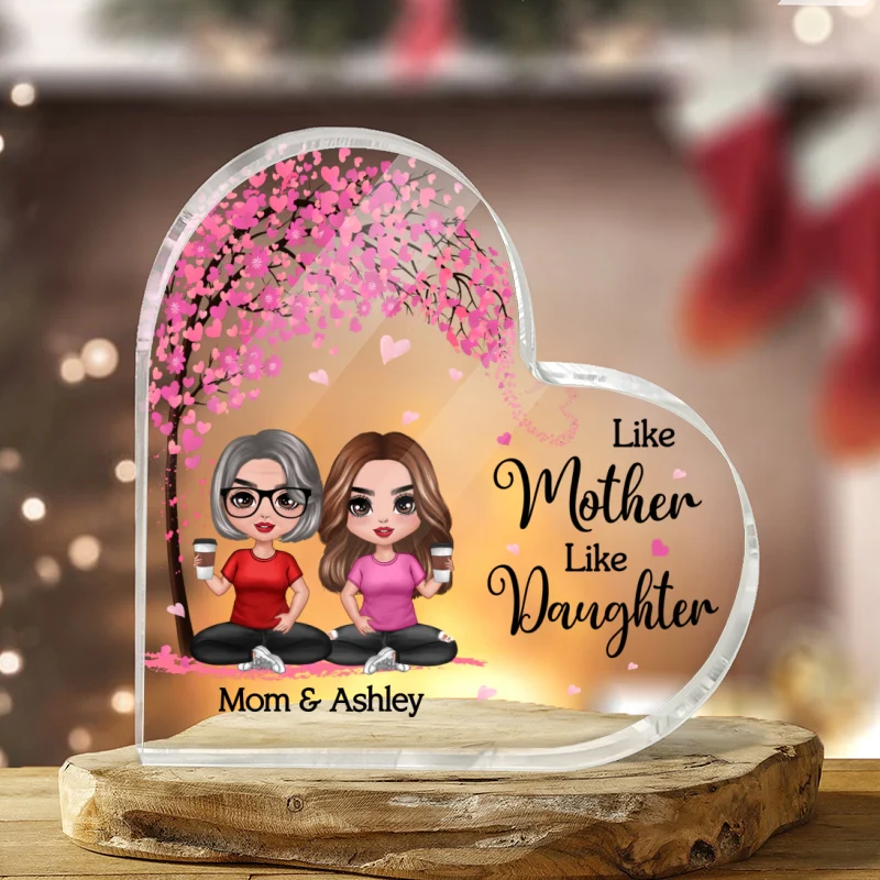 Doll Mom And Daughters Sons Sitting Under Pink Heart Tree Personalized Heart Acrylic Plaque - Image 3