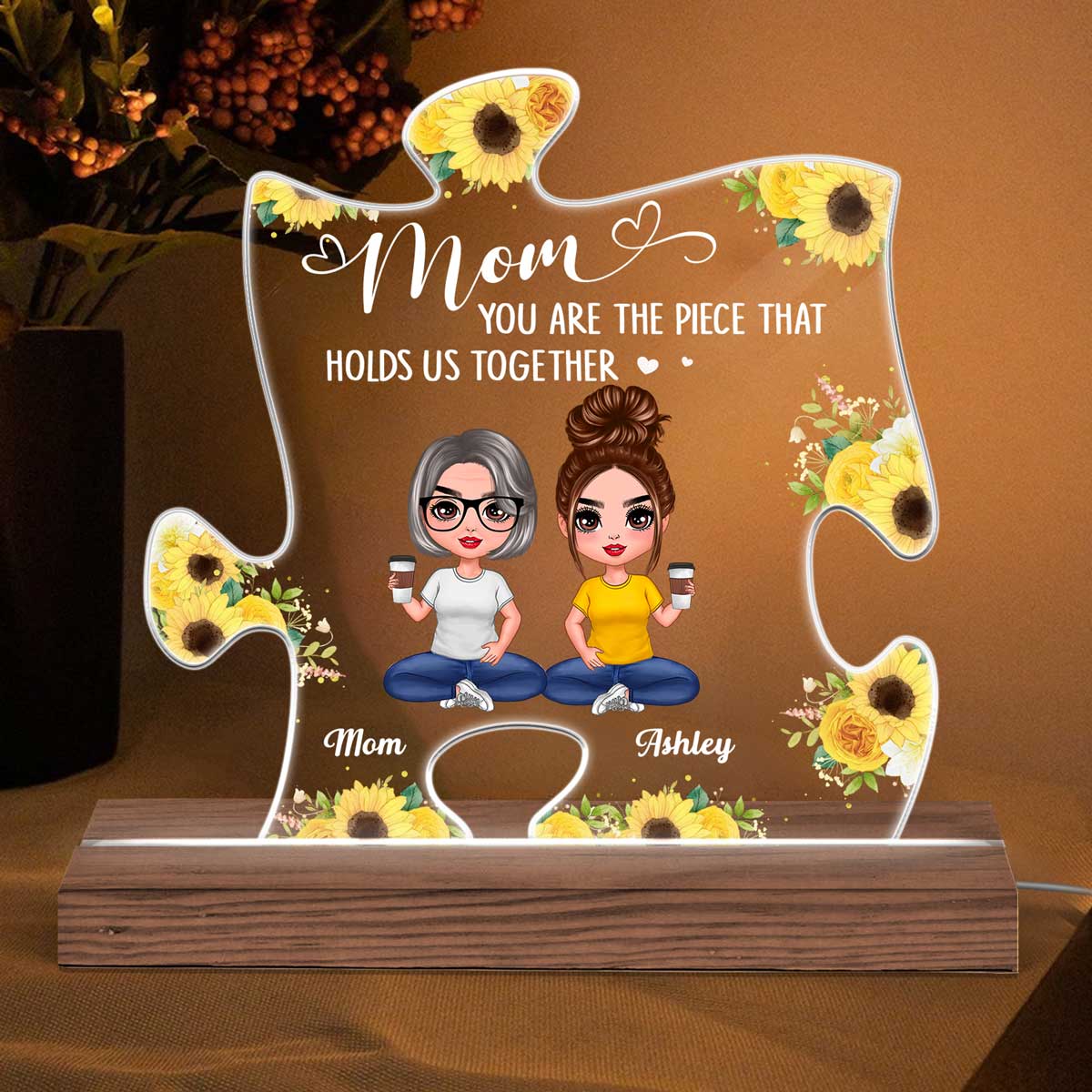 Doll Mom And Daughters Sons Sitting You Are The Piece Holds Us Together Personalized Custom Shape Acrylic Plaque LED Night Light - Image 2