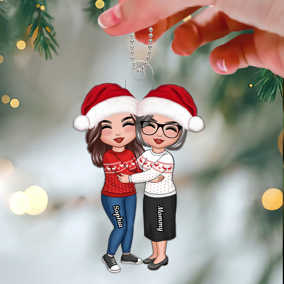 Doll Mom & Daughter Hugging Christmas Gift Personalized Acrylic Ornament - Image 3