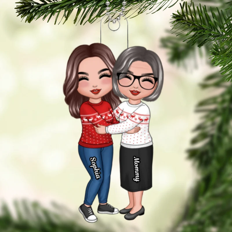 Doll Mom & Daughter Hugging Christmas Gift Personalized Acrylic Ornament - Image 5
