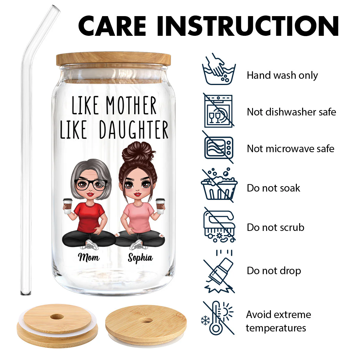 Doll Mom Daughter Like Mother Like Daughter Mother‘s Day Gift Personalized Clear Glass Can - Image 7