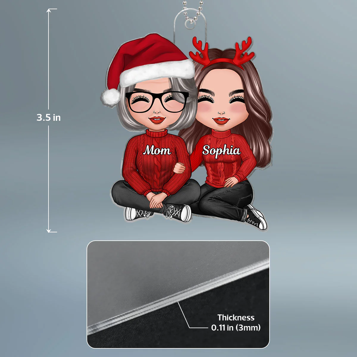 Doll Mom Daughter Grandma Teenage Granddaughter Sitting Hugging Christmas Personalized Acrylic Ornament - Image 4