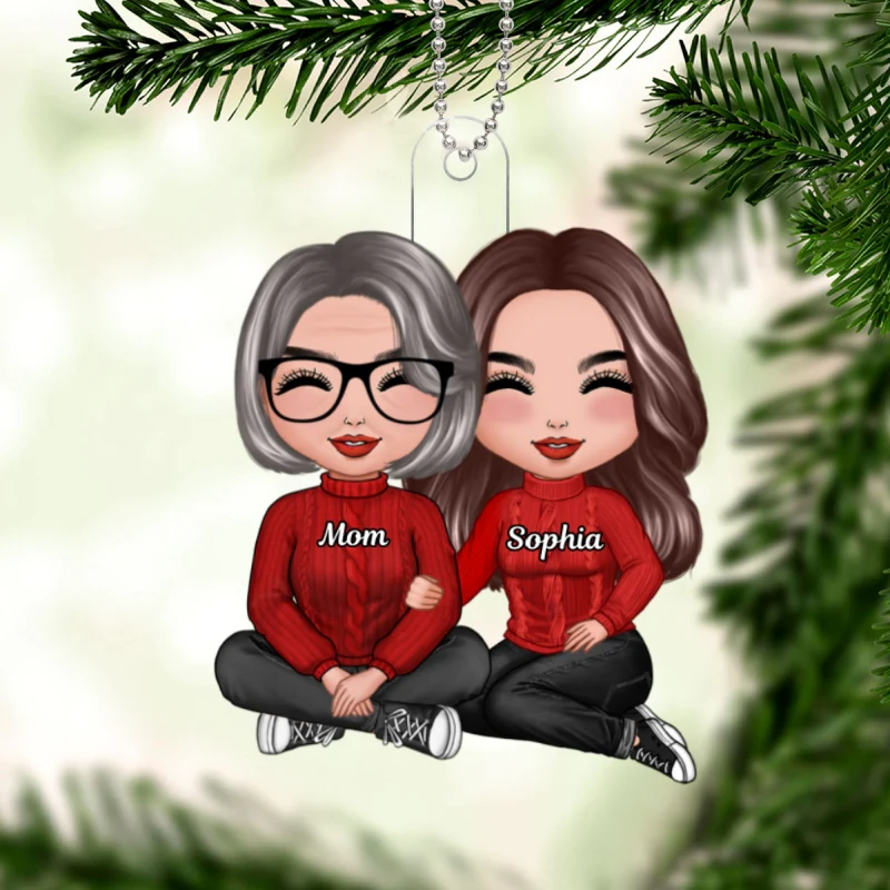 Doll Mom Daughter Grandma Teenage Granddaughter Sitting Hugging Christmas Personalized Acrylic Ornament - Image 5