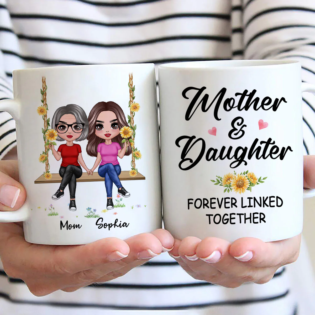 Doll Mom Daughter Sitting On Swing Holding Sunflower Personalized Mug - Image 3