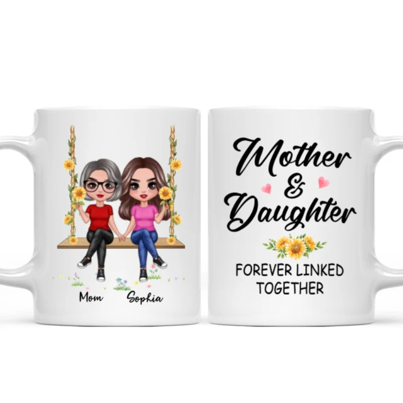 Doll Mom Daughter Sitting On Swing Holding Sunflower Personalized Mug - Image 4
