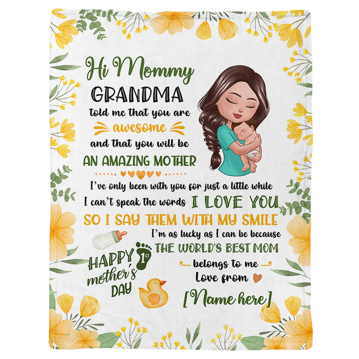 Doll Mom Holding Baby Happy First Mother‘s Day Personalized Fleece Blanket