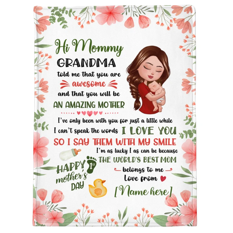 Doll Mom Holding Baby Happy First Mother‘s Day Personalized Fleece Blanket - Image 5