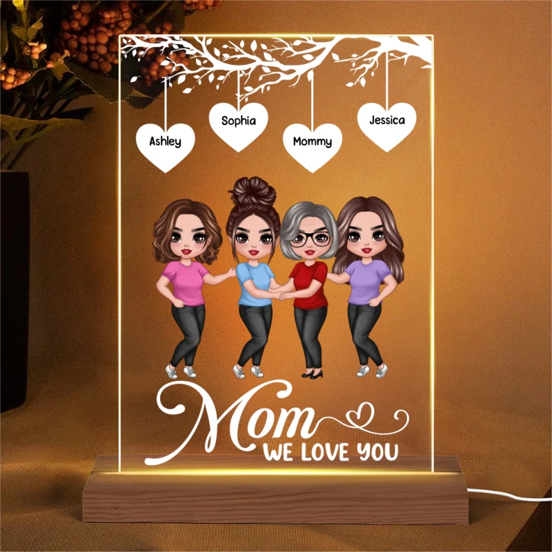 Doll Mother And Daughter Hugging Under Heart Tree Personalized Rectangle Acrylic Plaque LED Night Light - Image 4