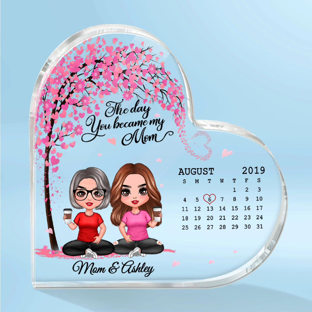 Doll Mother And Daughter Son Under Pink Heart Tree The Day You Became My Mom Calendar Date Personalized Heart Acrylic Plaque - Image 2