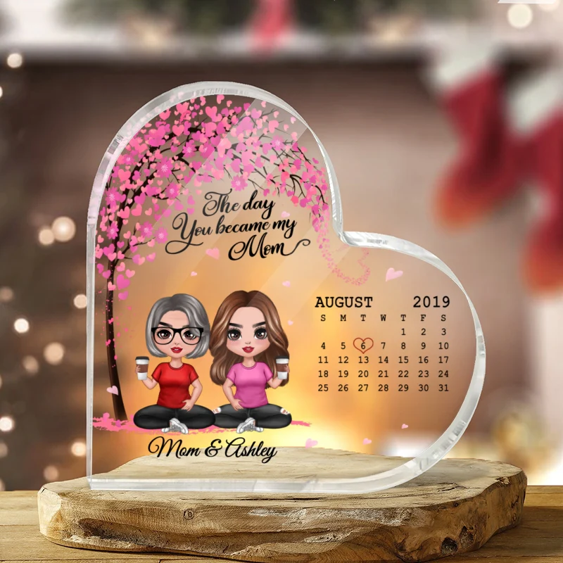 Doll Mother And Daughter Son Under Pink Heart Tree The Day You Became My Mom Calendar Date Personalized Heart Acrylic Plaque - Image 3