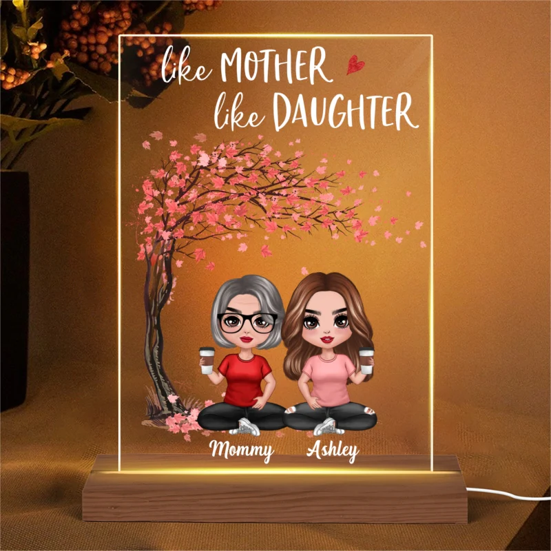 Doll Mother And Daughter Under Pink Tree Personalized Rectangle Acrylic LED Night Light - Image 4