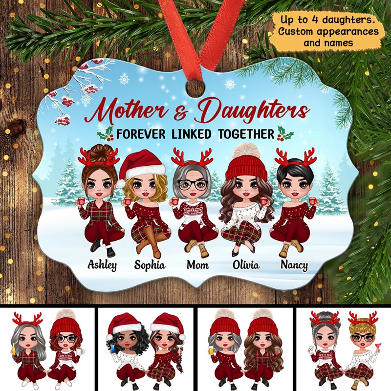 Doll Mother And Daughters Sitting In Snow Personalized Christmas Ornament - Image 2