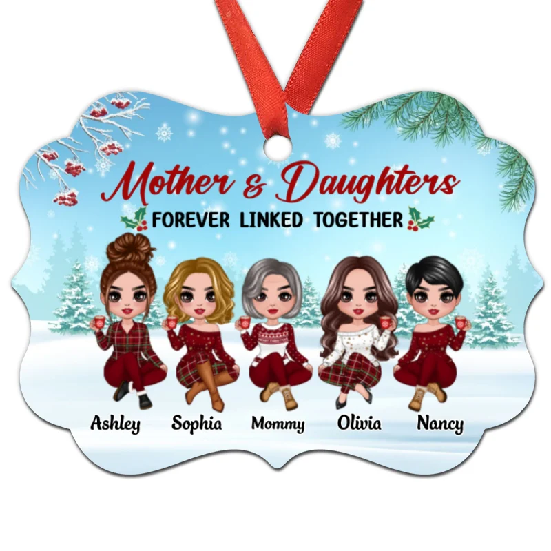 Doll Mother And Daughters Sitting In Snow Personalized Christmas Ornament - Image 3