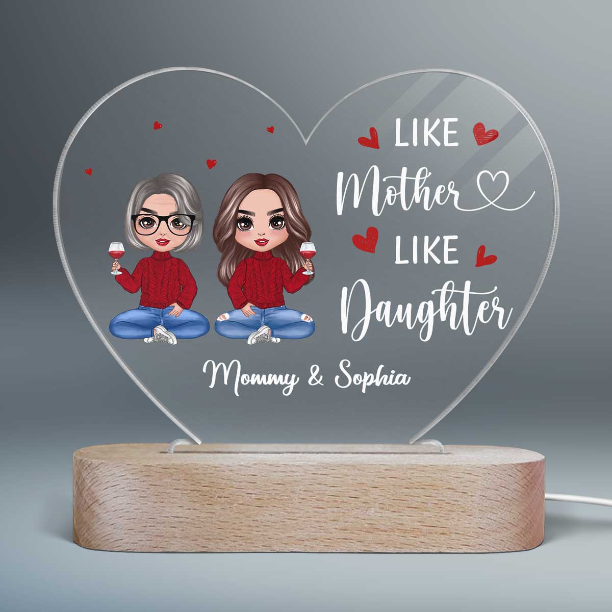 Doll Mother And Daughters Sitting Personalized Acrylic Heart Plaque LED Night Light - Image 2