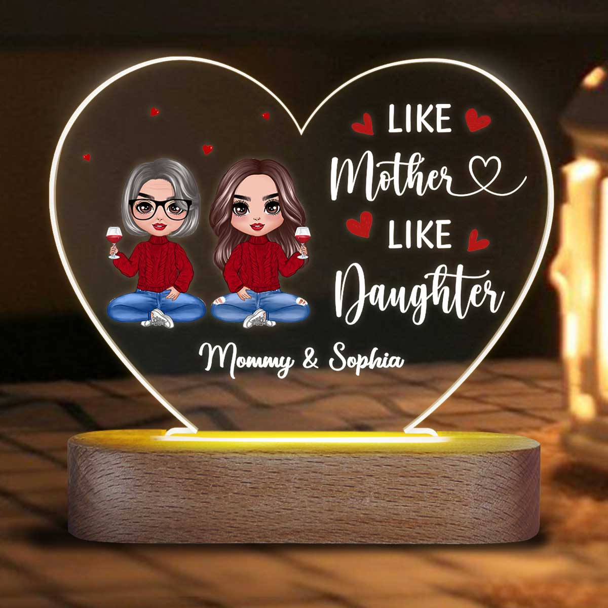 Doll Mother And Daughters Sitting Personalized Acrylic Heart Plaque LED Night Light - Image 3