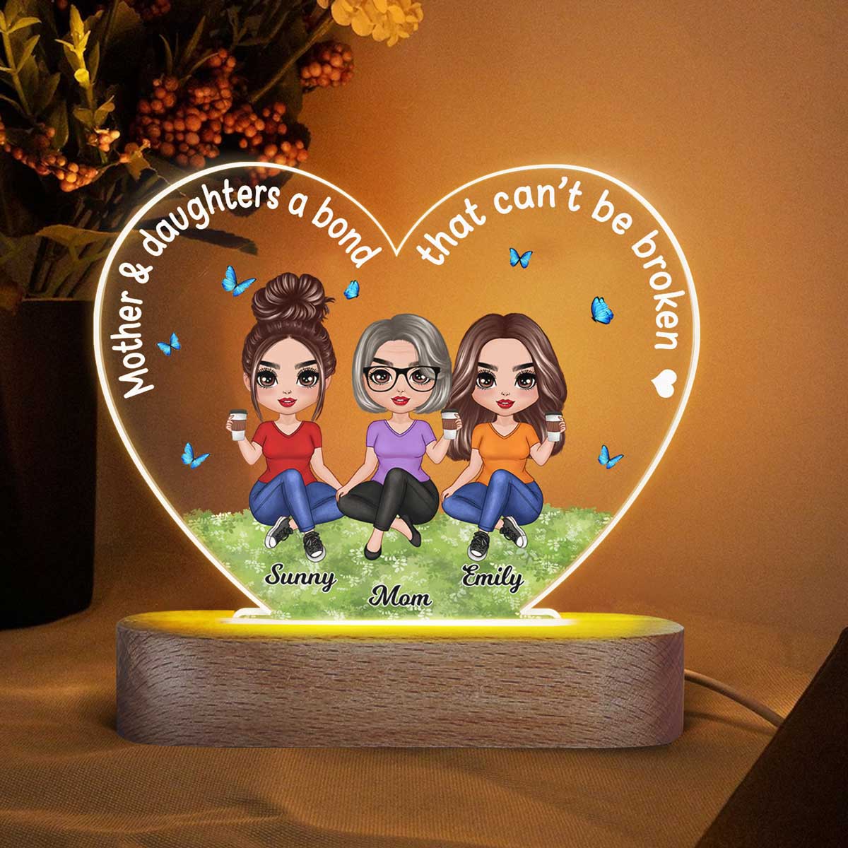 Doll Mother Daughter A Bond That Can‘t Be Broken Personalized Heart Acrylic Plaque LED Lamp Night Light