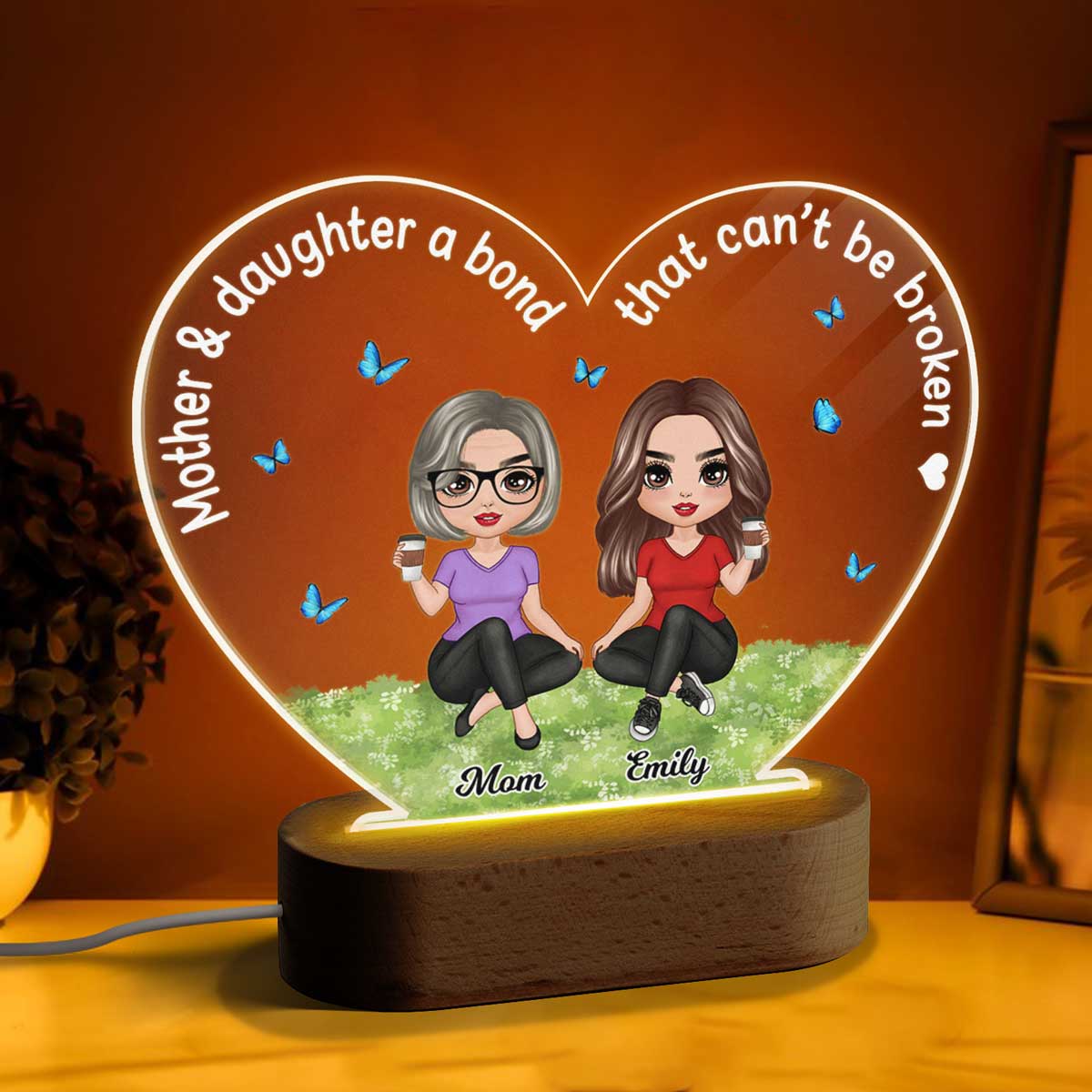 Doll Mother Daughter A Bond That Can‘t Be Broken Personalized Heart Acrylic Plaque LED Lamp Night Light - Image 3
