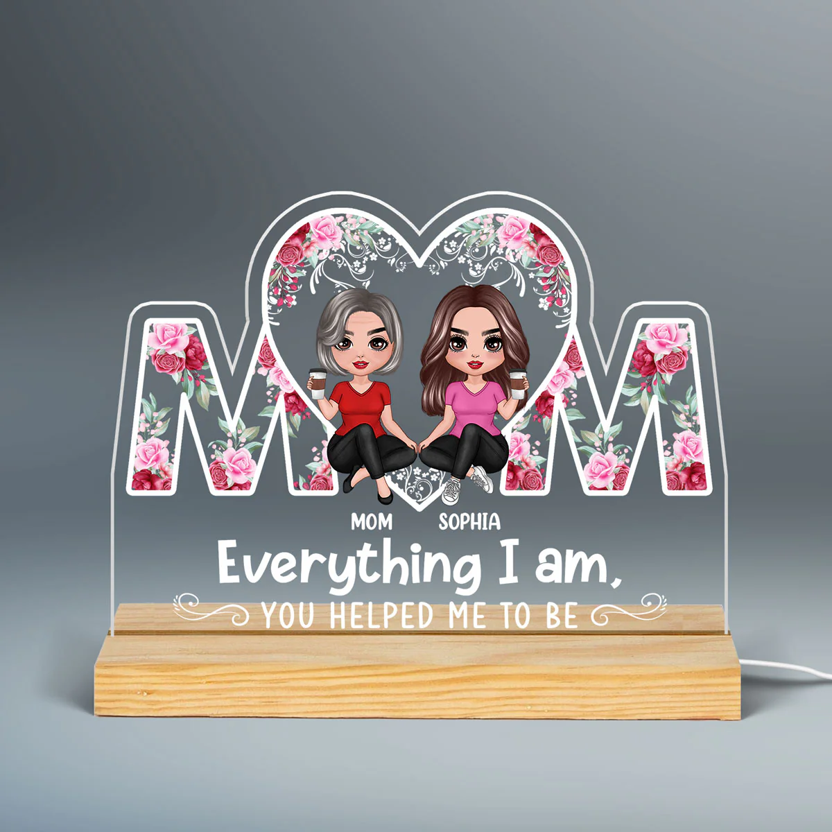 Doll Mother & Daughter Sitting In Heart MOM Personalized Custom Shape Acrylic Plaque With LED Night Light - Image 2