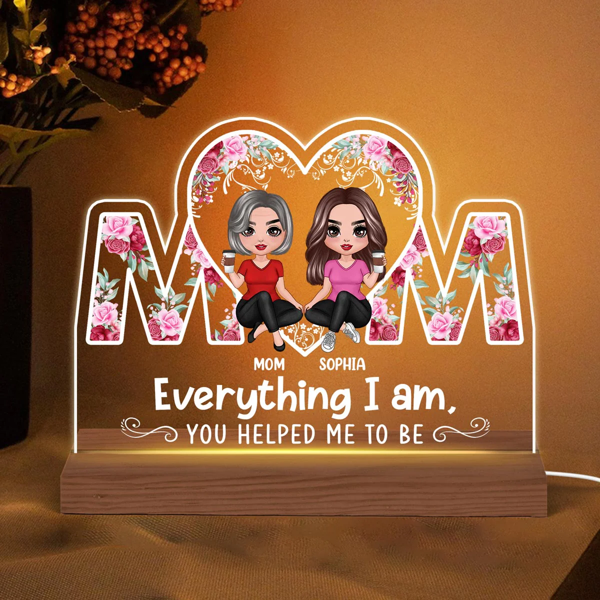 Doll Mother & Daughter Sitting In Heart MOM Personalized Custom Shape Acrylic Plaque With LED Night Light - Image 3