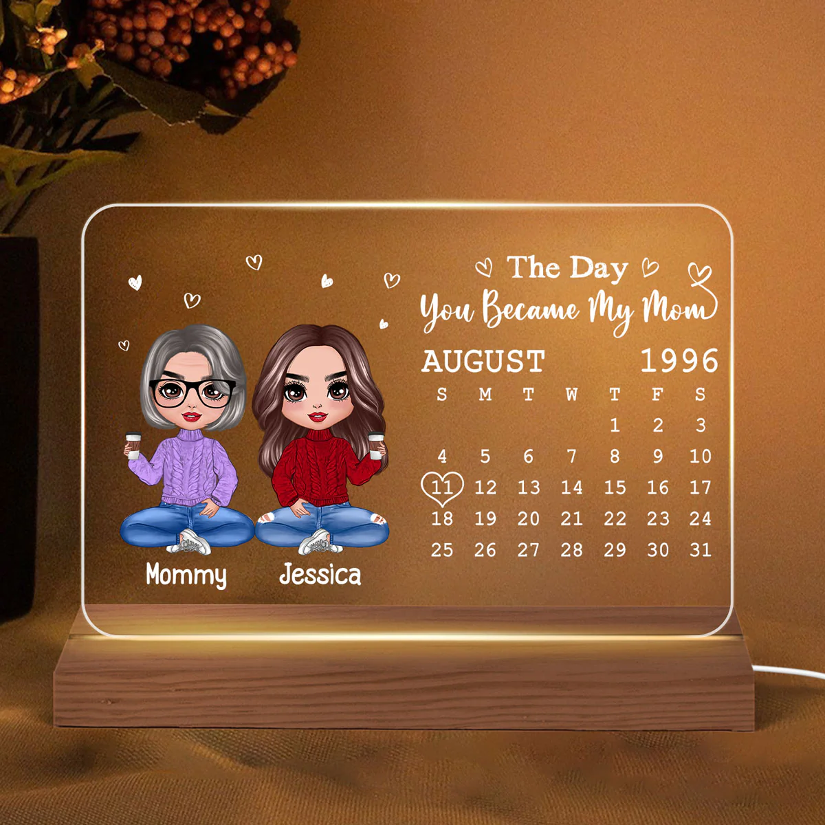 Doll Mother Daughter Son The Day You Became My Mom Calendar Date Mother‘s Day Gift For Mom Personalized Custom Shape LED Night Light - Image 2
