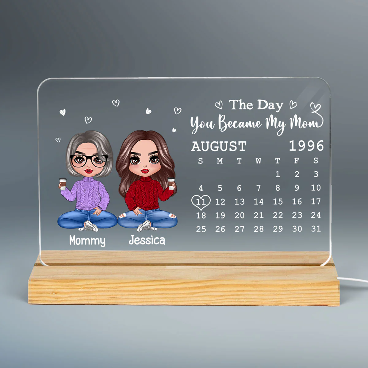 Doll Mother Daughter Son The Day You Became My Mom Calendar Date Mother‘s Day Gift For Mom Personalized Custom Shape LED Night Light - Image 3