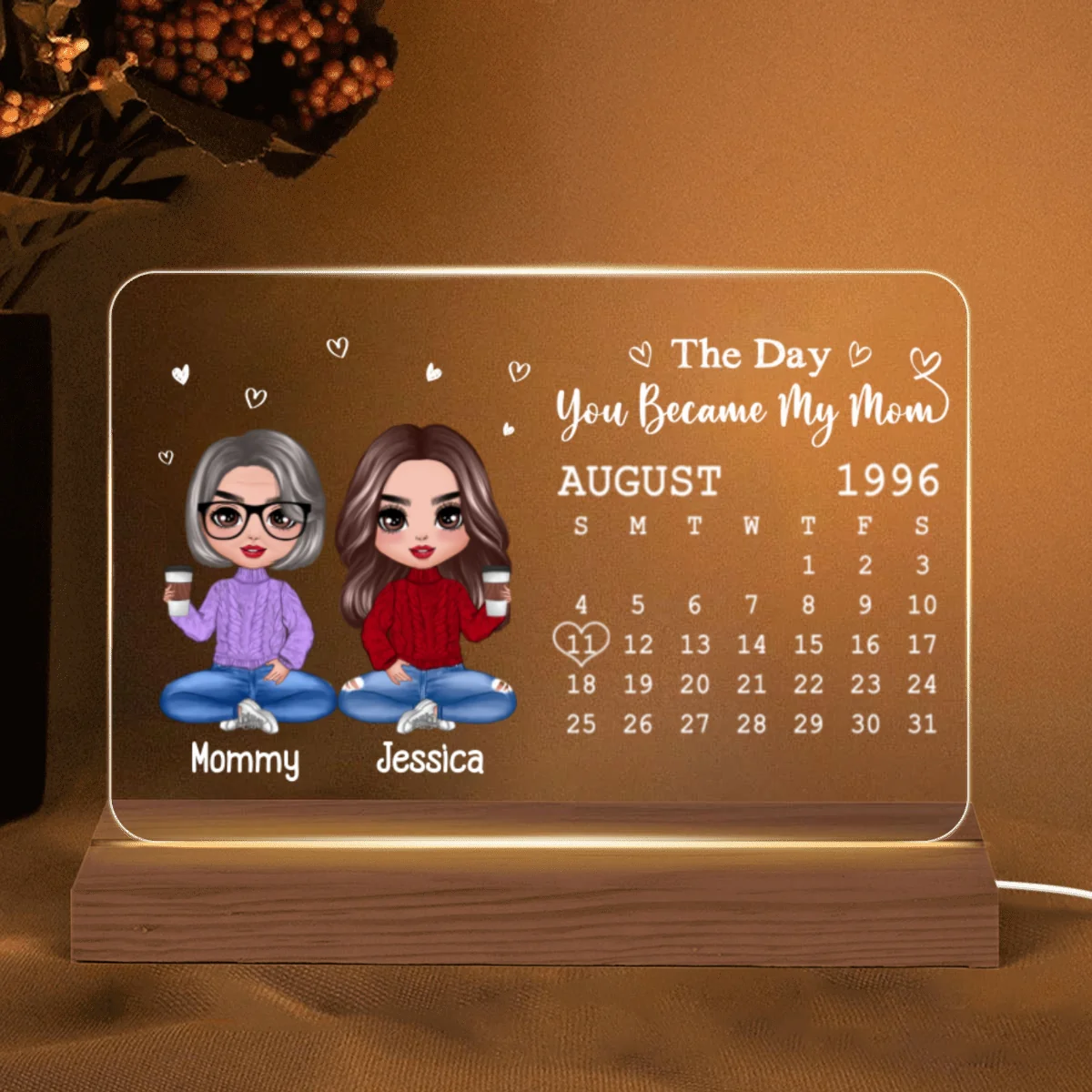 Doll Mother Daughter Son The Day You Became My Mom Calendar Date Mother‘s Day Gift For Mom Personalized Custom Shape LED Night Light - Image 5