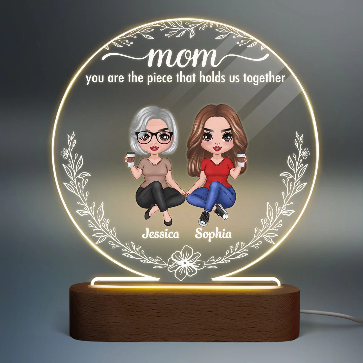 Doll Mother Daughters Simple Wreath Personalized Circle Plaque LED Night Light - Image 2
