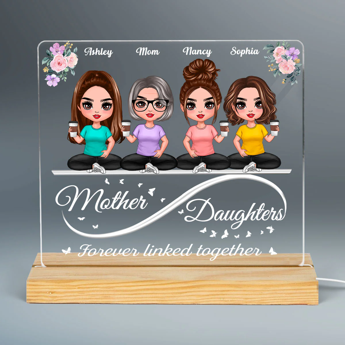 Doll Mother Daughters Sitting On Infinity Personalized Acrylic Custom Shape LED Night Light - Image 3