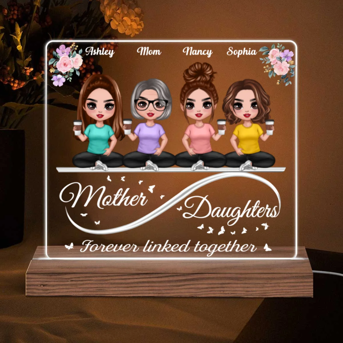 Doll Mother Daughters Sitting On Infinity Personalized Acrylic Custom Shape LED Night Light - Image 5