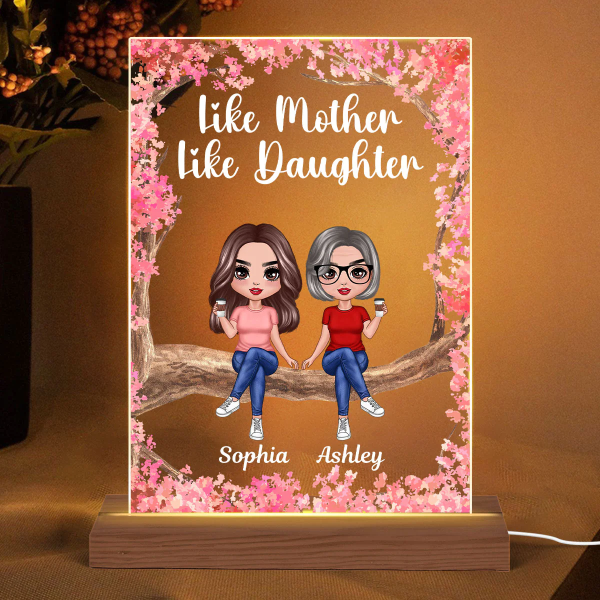 Doll Mother Daughters Sitting On Pink Tree Personalized Rectangle Acrylic LED Night Light