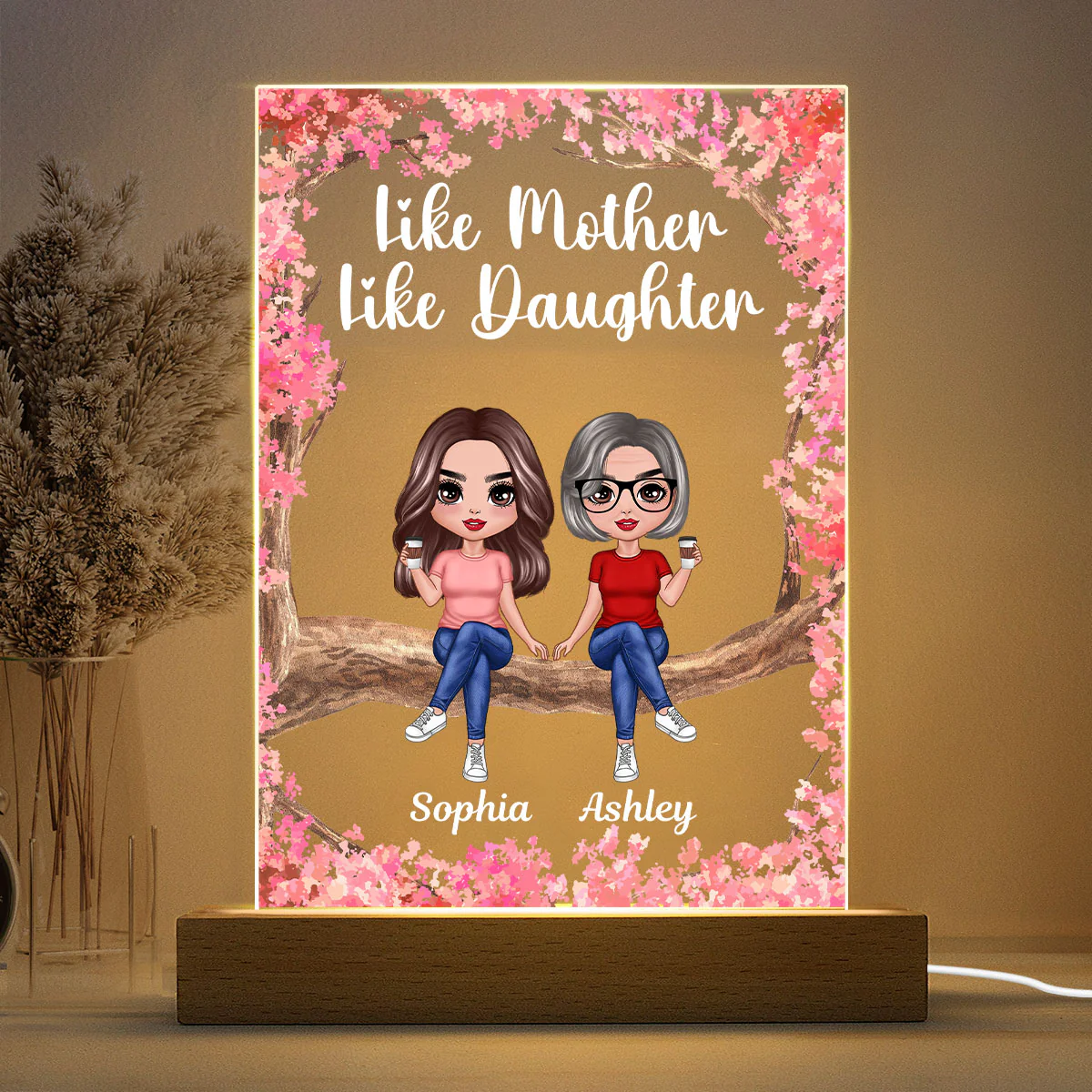 Doll Mother Daughters Sitting On Pink Tree Personalized Rectangle Acrylic LED Night Light - Image 3