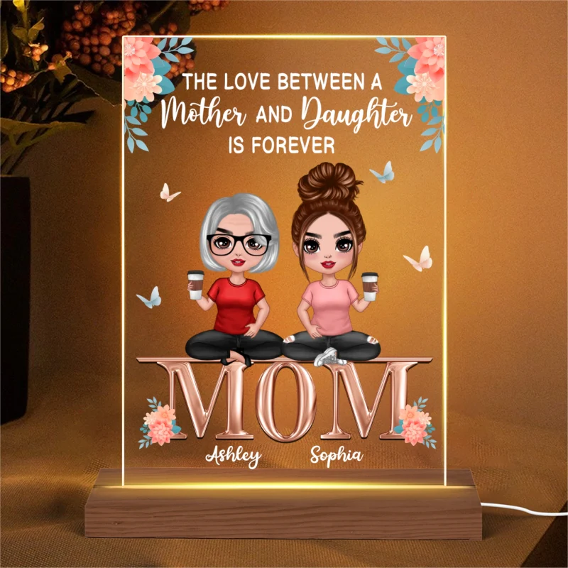 Doll Mother Daughters Sitting On Word Flower Personalized Acrylic LED Night Light - Image 4
