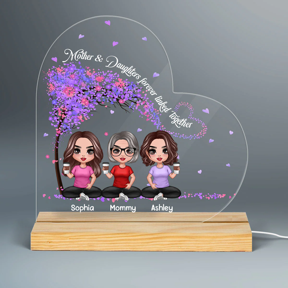 Doll Mother Daughters Under Tree Personalized Heart Shaped Acrylic Plaque With LED Night Light - Image 3