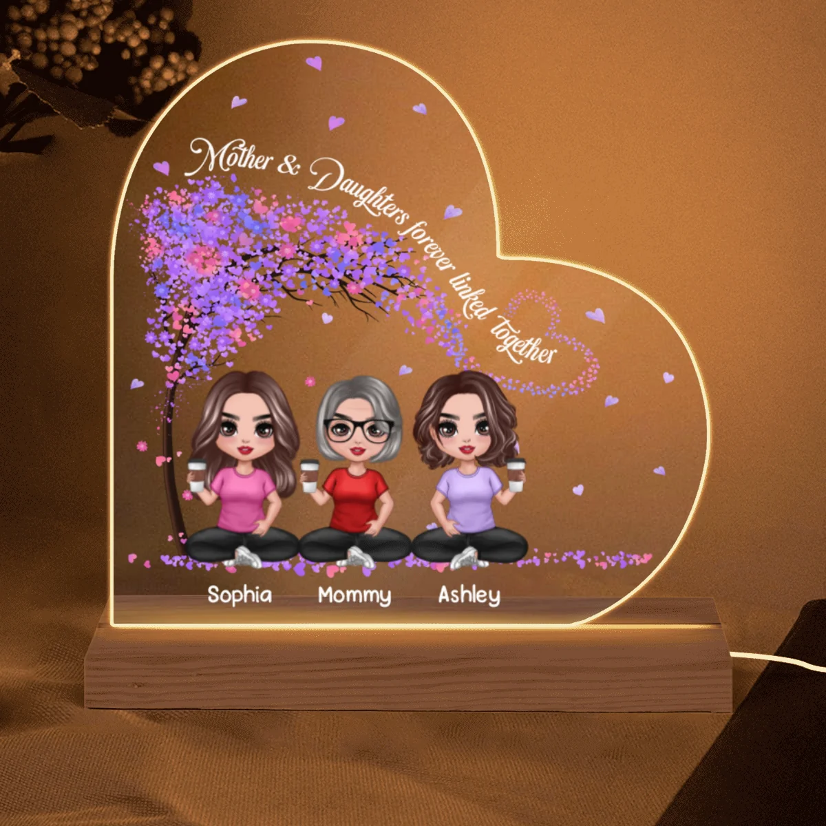 Doll Mother Daughters Under Tree Personalized Heart Shaped Acrylic Plaque With LED Night Light - Image 5