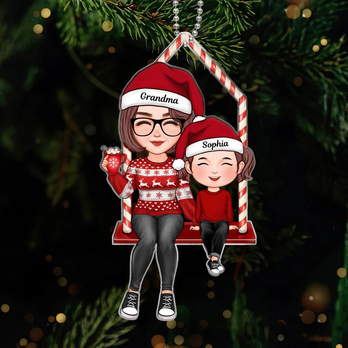 Doll Pretty Grandma Sitting With Granddaughter Grandson Christmas Gift Personalized Acrylic Ornament
