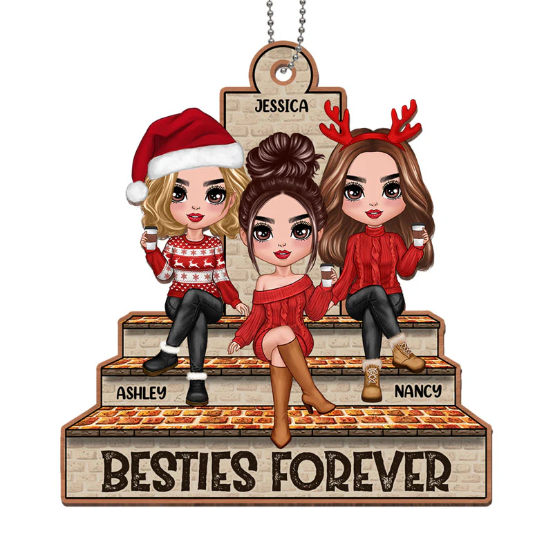 Doll Sisters Besties Sitting On Brick Stair Personalized Wooden Ornament