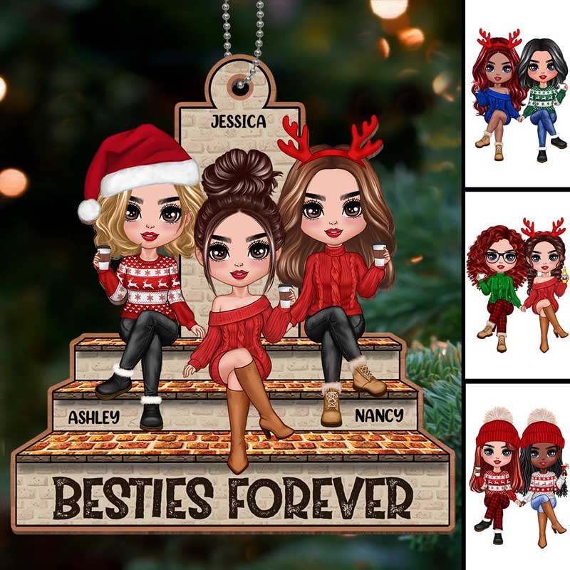 Doll Sisters Besties Sitting On Brick Stair Personalized Wooden Ornament - Image 2