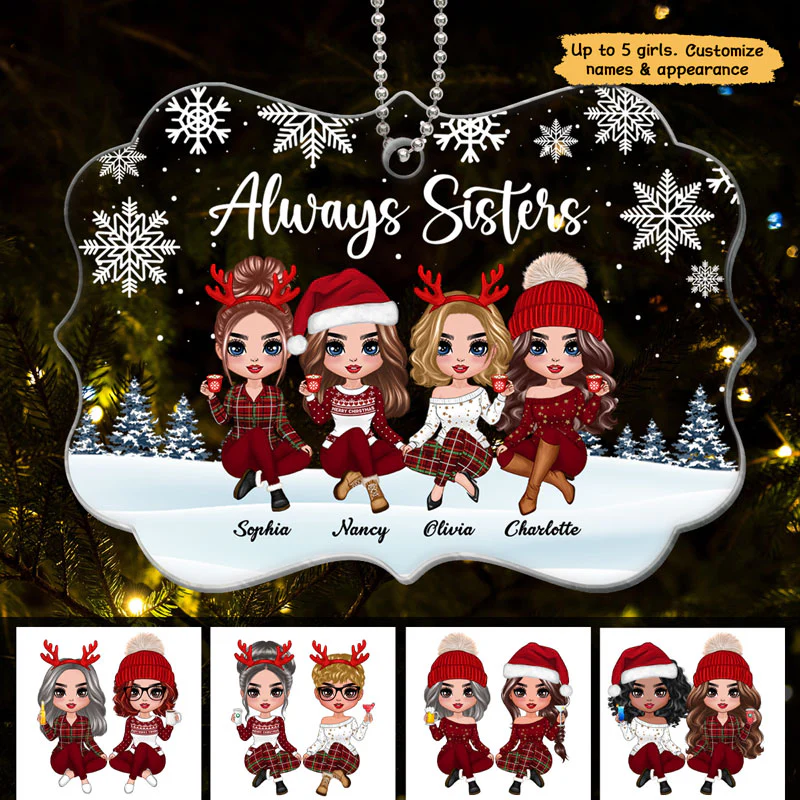 Doll Sisters Siblings Sitting Snow Background Personalized Acrylic Ornament