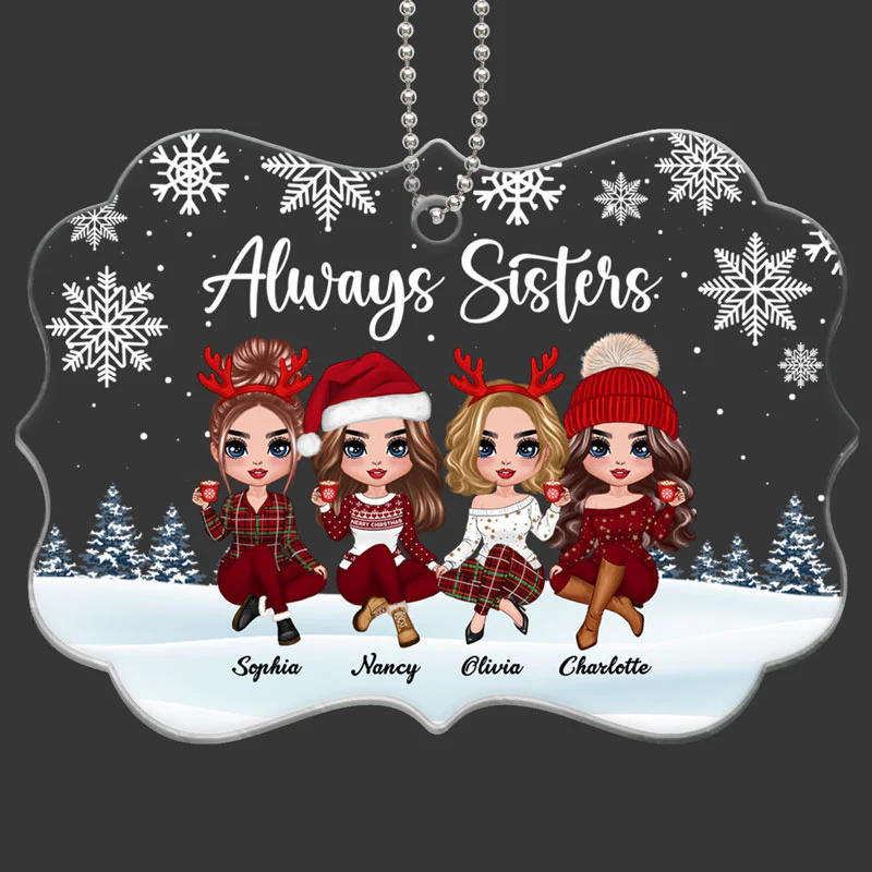 Doll Sisters Siblings Sitting Snow Background Personalized Acrylic Ornament - Image 2